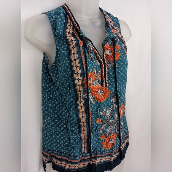 DANIEL RAINN Bohemian Floral Teal,Orange Sleeveless Western Flowy Top - (#185) - Picture 6 of 9